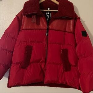 Montereggi Red Puffer Jacket Italy Faux Fur Sparkle Panels Oversized Unisex XL